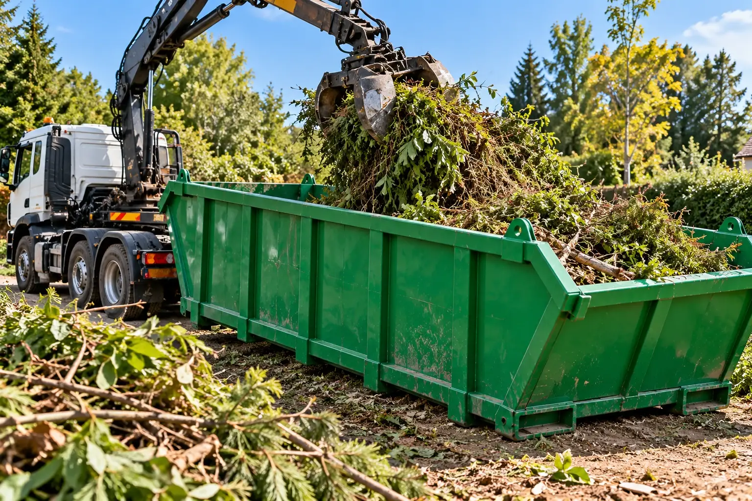 Benne de location remplie de déchets verts et de branchages