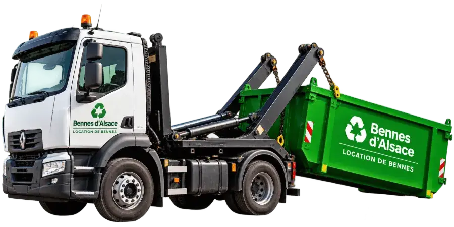 Camion vert Bennes d'Alsace pour la livraison et l'enlèvement de bennes dans le Bas-Rhin
